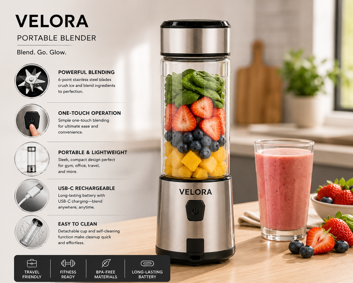 Portable Cordless Blender | Velora USB C Rechargeable