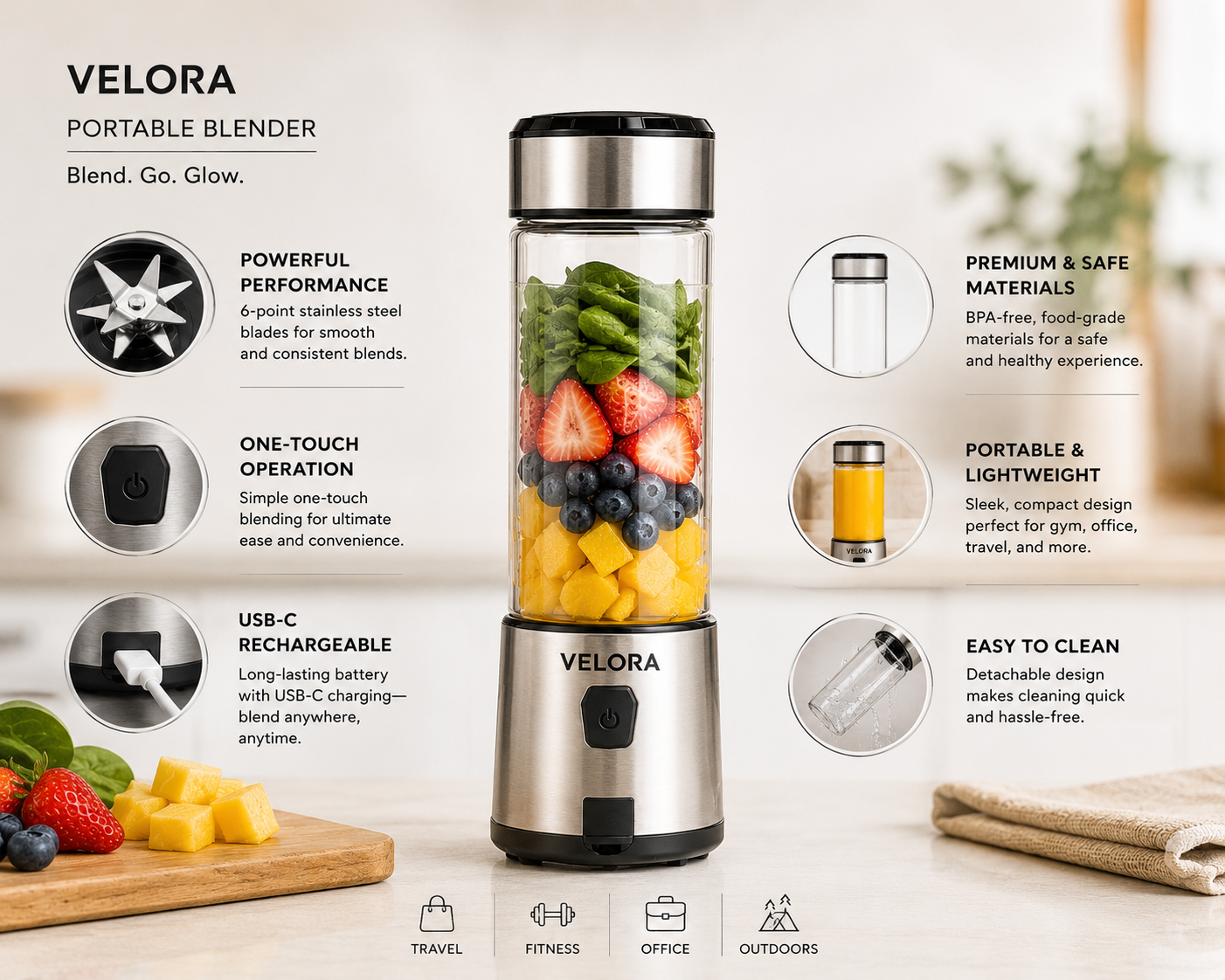Portable Cordless Blender | Velora USB C Rechargeable